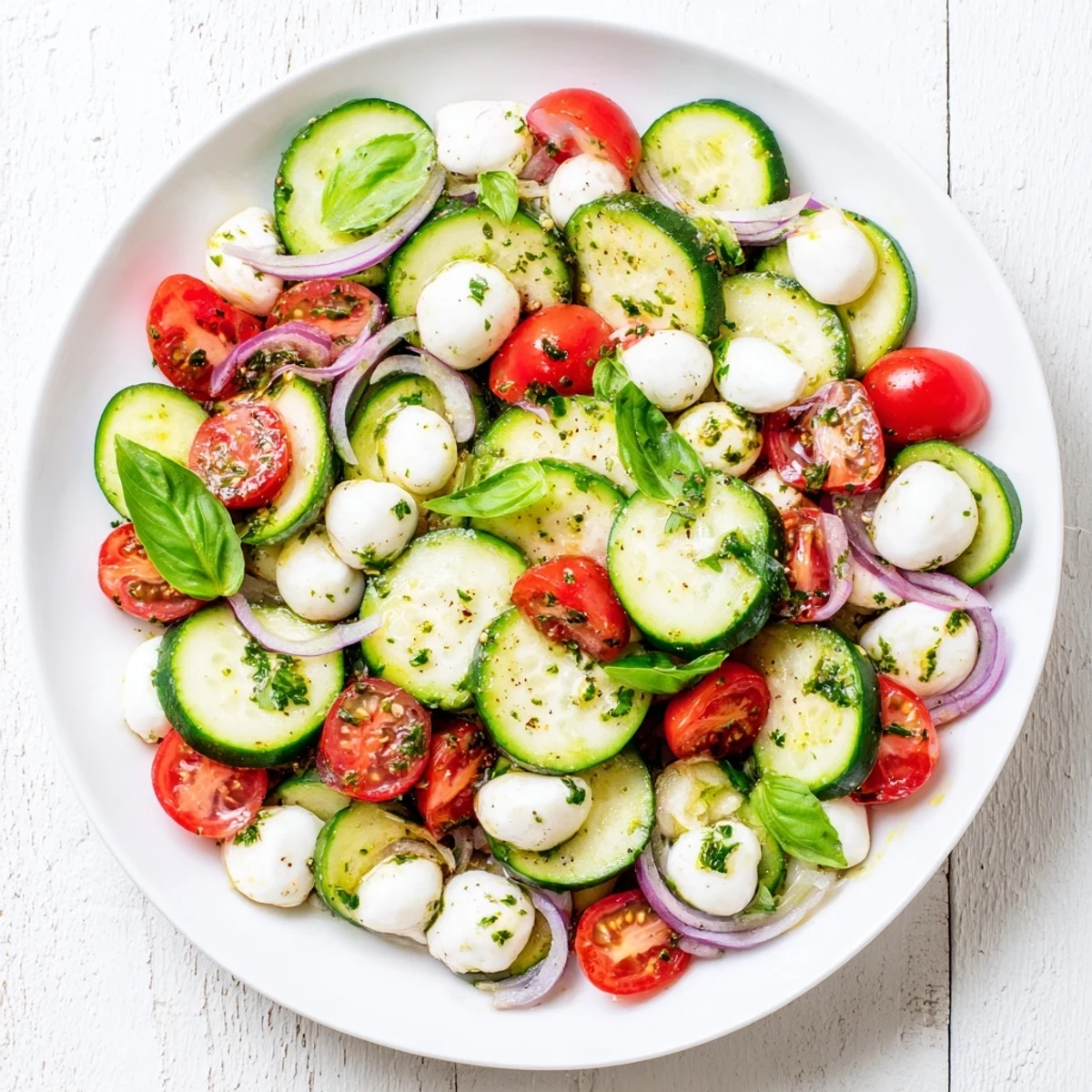 Mediterranean cucumber mozzarella salad featuring cherry tomatoes and fragrant herbs on white serving dish