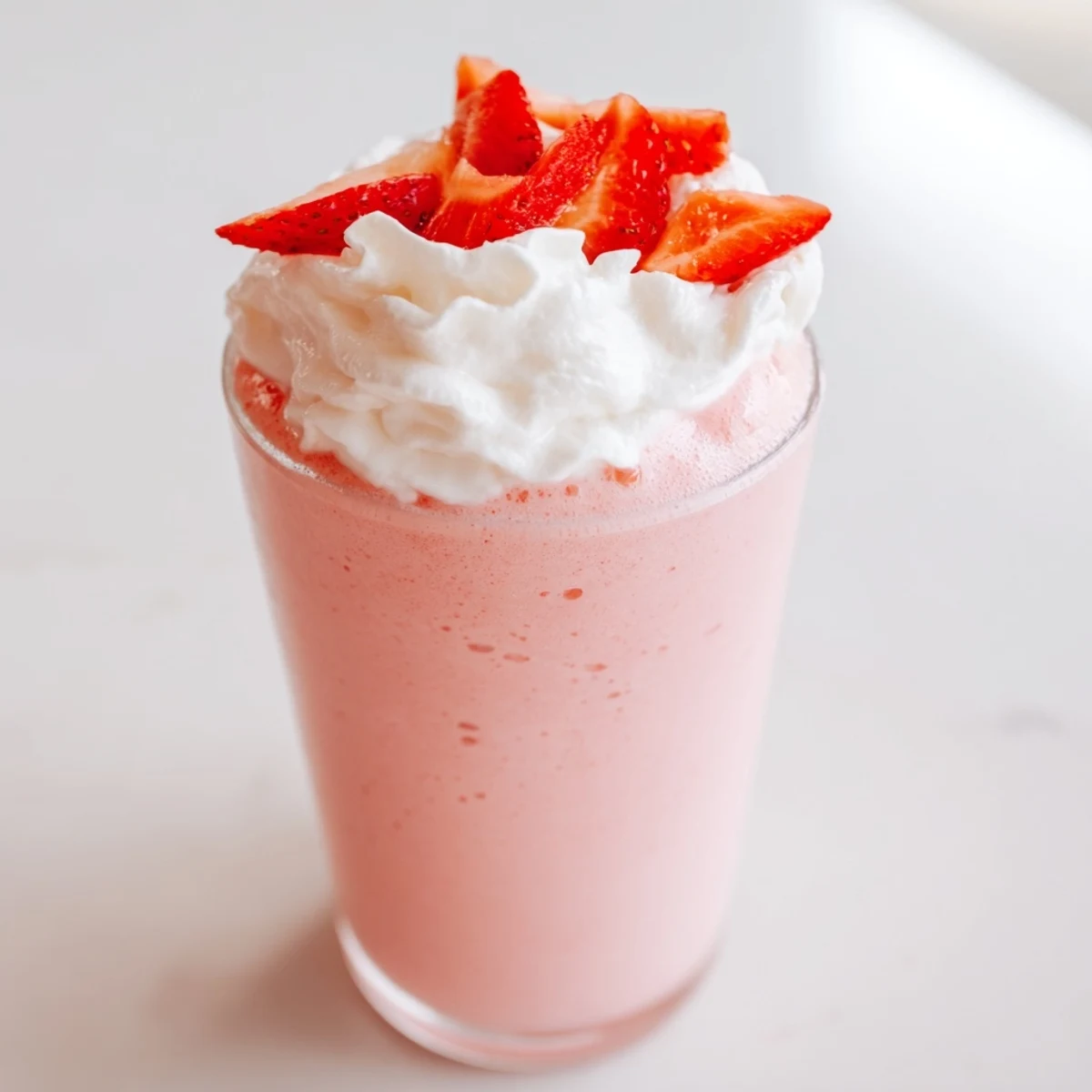 Tall glass of refreshing strawberry cream Frappuccino topped with whipped cream and fresh sliced strawberries