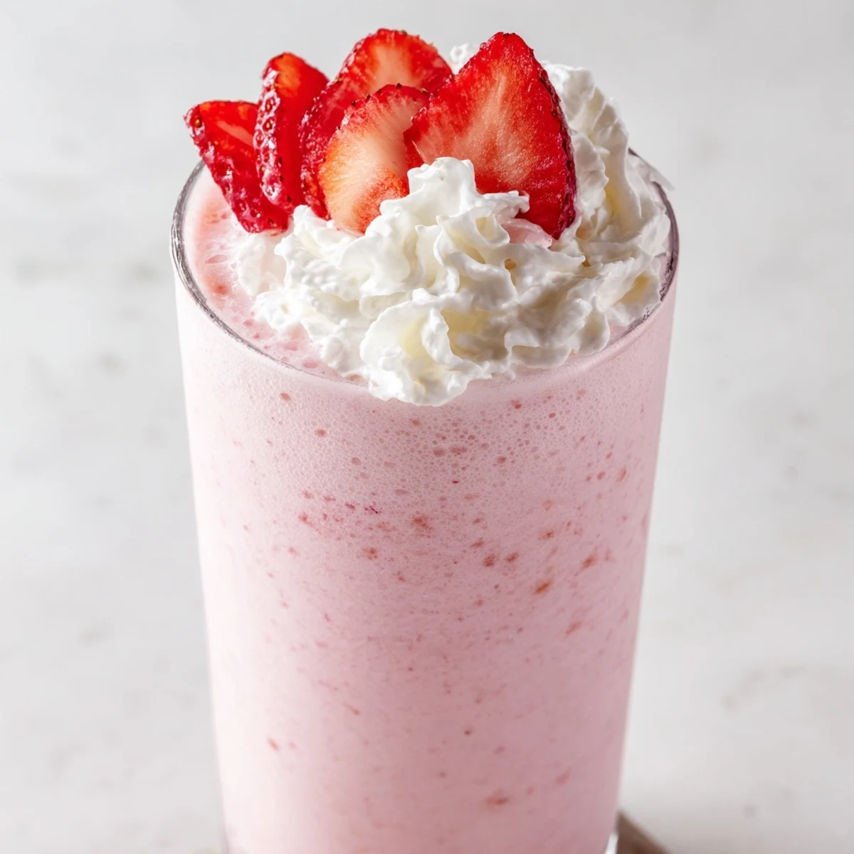 Ice-blended refreshing strawberry cream Frappuccino served in a clear glass with straw on white background