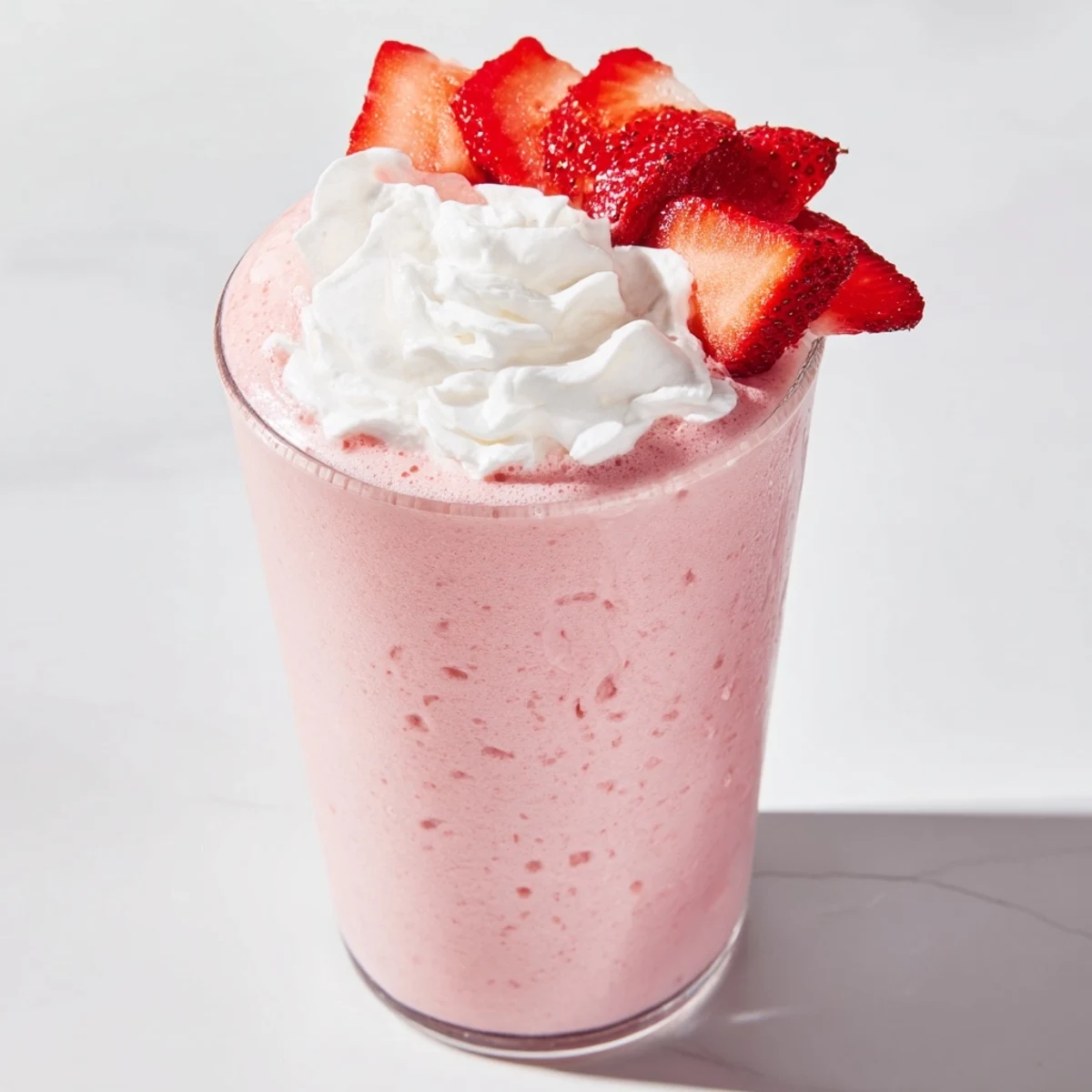 Creamy pink refreshing strawberry cream Frappuccino with swirl texture and strawberry garnish on wooden table