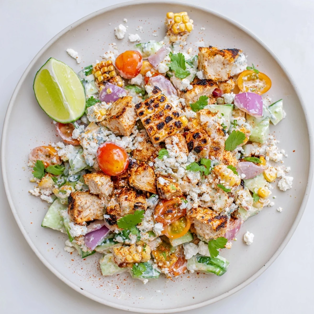 Street corn creamy cucumber chicken salad featuring grilled chicken pieces with charred corn kernels and crisp cucumber chunks in tangy white dressing