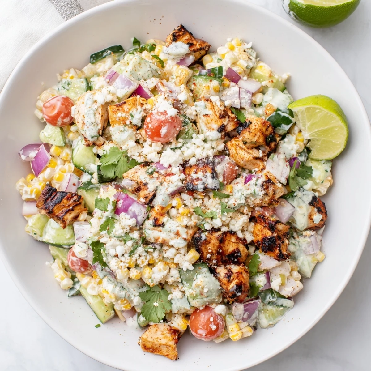 Fresh bowl of street corn creamy cucumber chicken salad topped with crumbled cotija cheese and vibrant cilantro over grilled sliced chicken breast