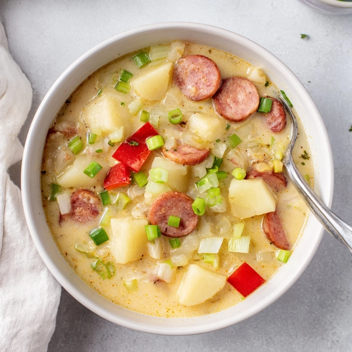 Creamy Cajun potato soup with andouille sausage in a white bowl garnished with green onions