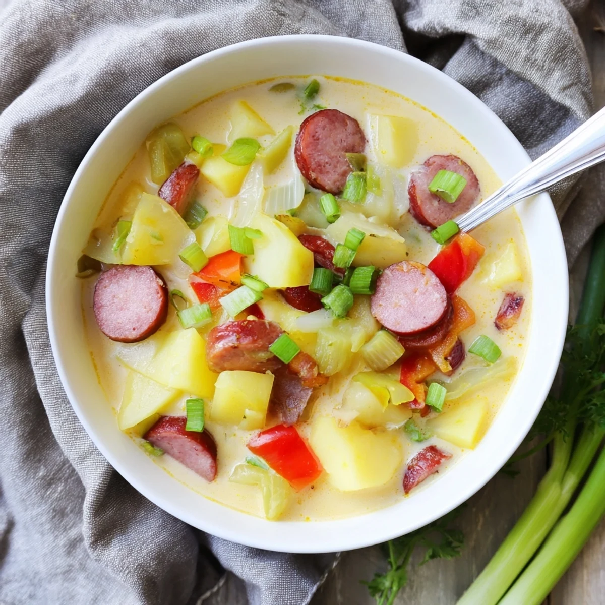 Hearty bowl of Cajun potato soup featuring smoky sausage chunks and colorful diced vegetables