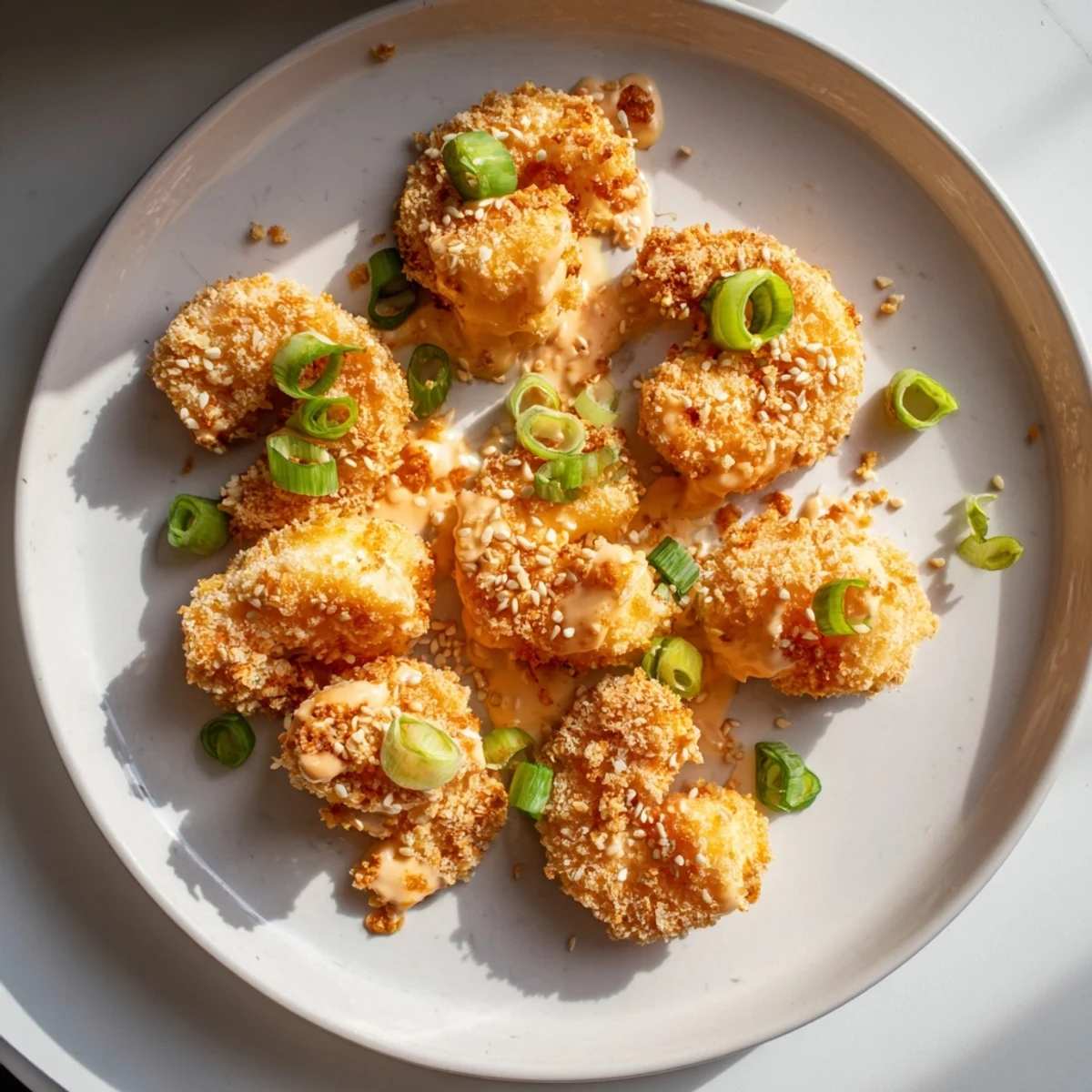 Golden crispy Bang Bang shrimp coated in creamy spicy red sauce on white plate