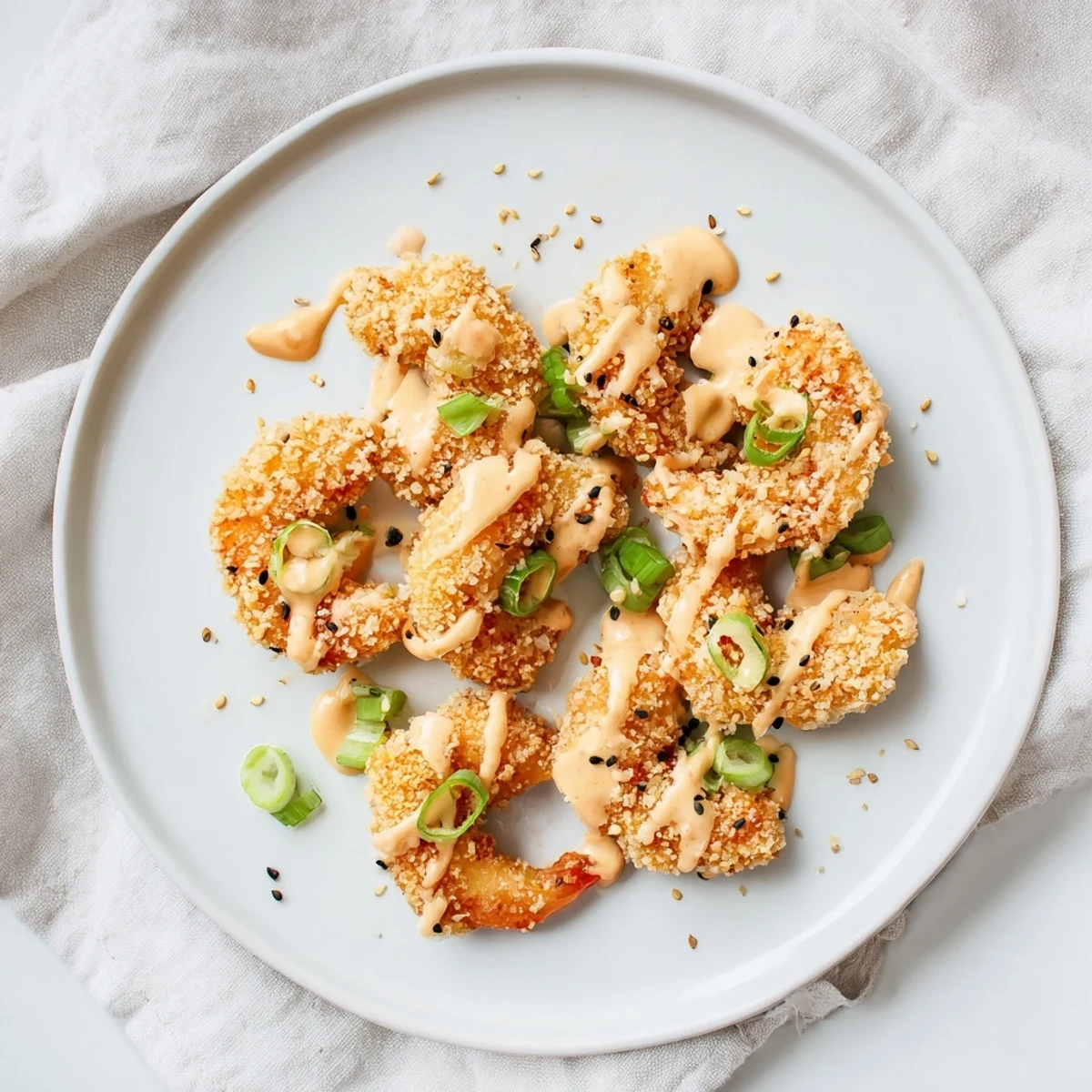 Tender fried Bang Bang shrimp drizzled with sweet chili mayonnaise sauce and green onions