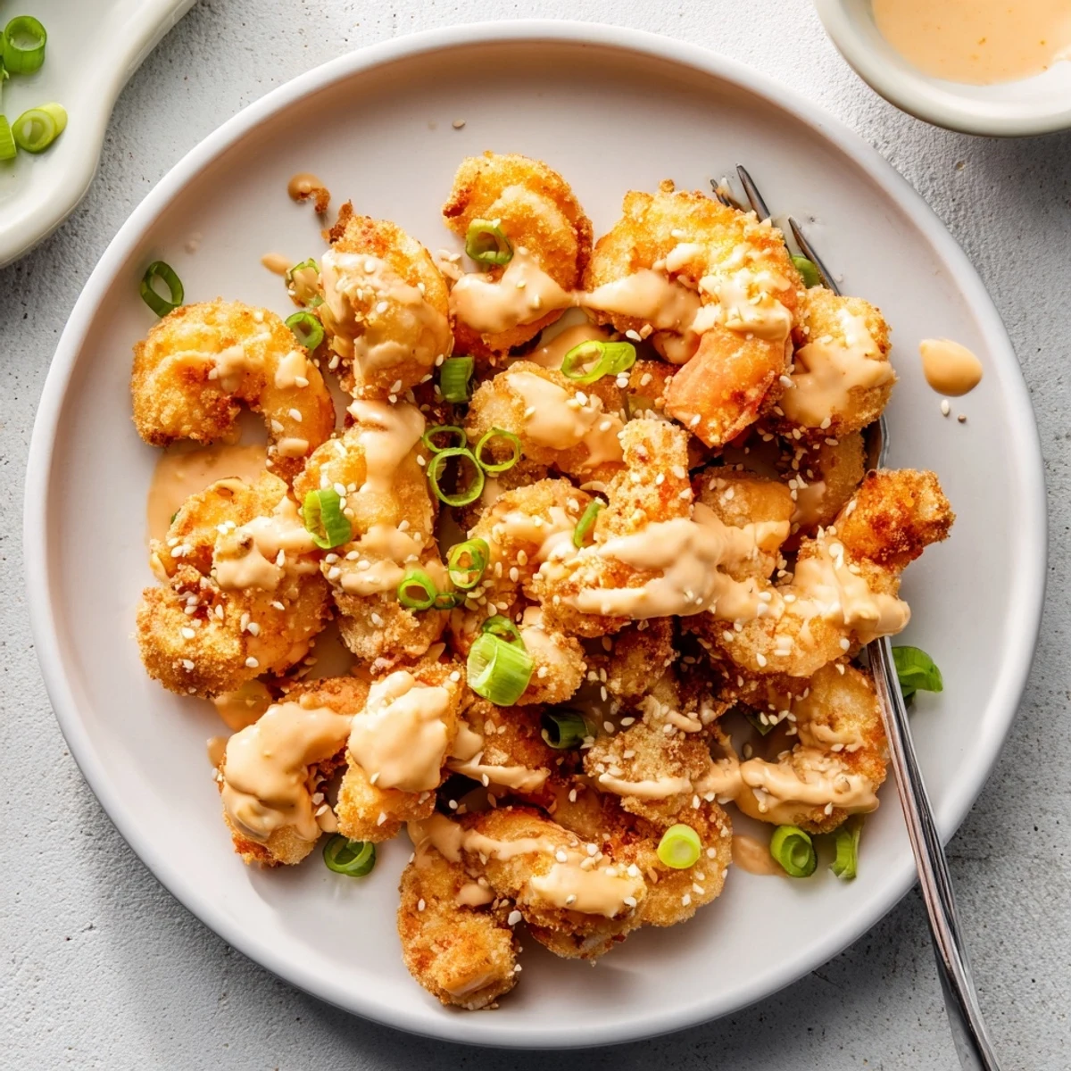 Platter of Bang Bang shrimp appetizer garnished with sesame seeds and sliced scallions