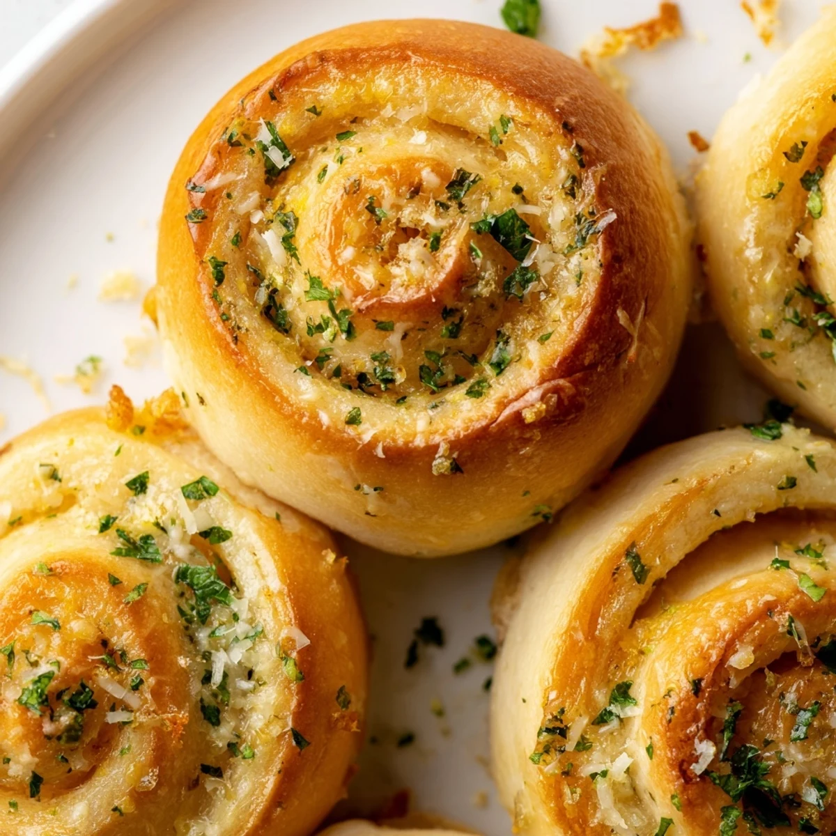 Golden garlic bread rolls fresh from the oven with brushed butter and parsley garnish