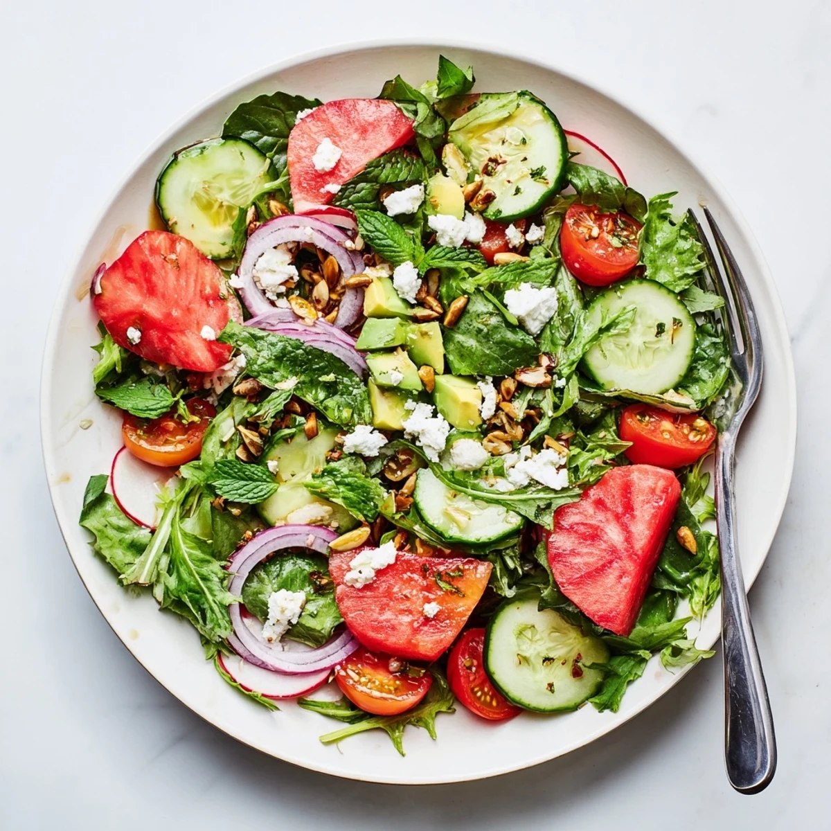 Colorful ultimate summer salad bowl with fresh watermelon, avocado, feta, and mint drizzled with lemon vinaigrette