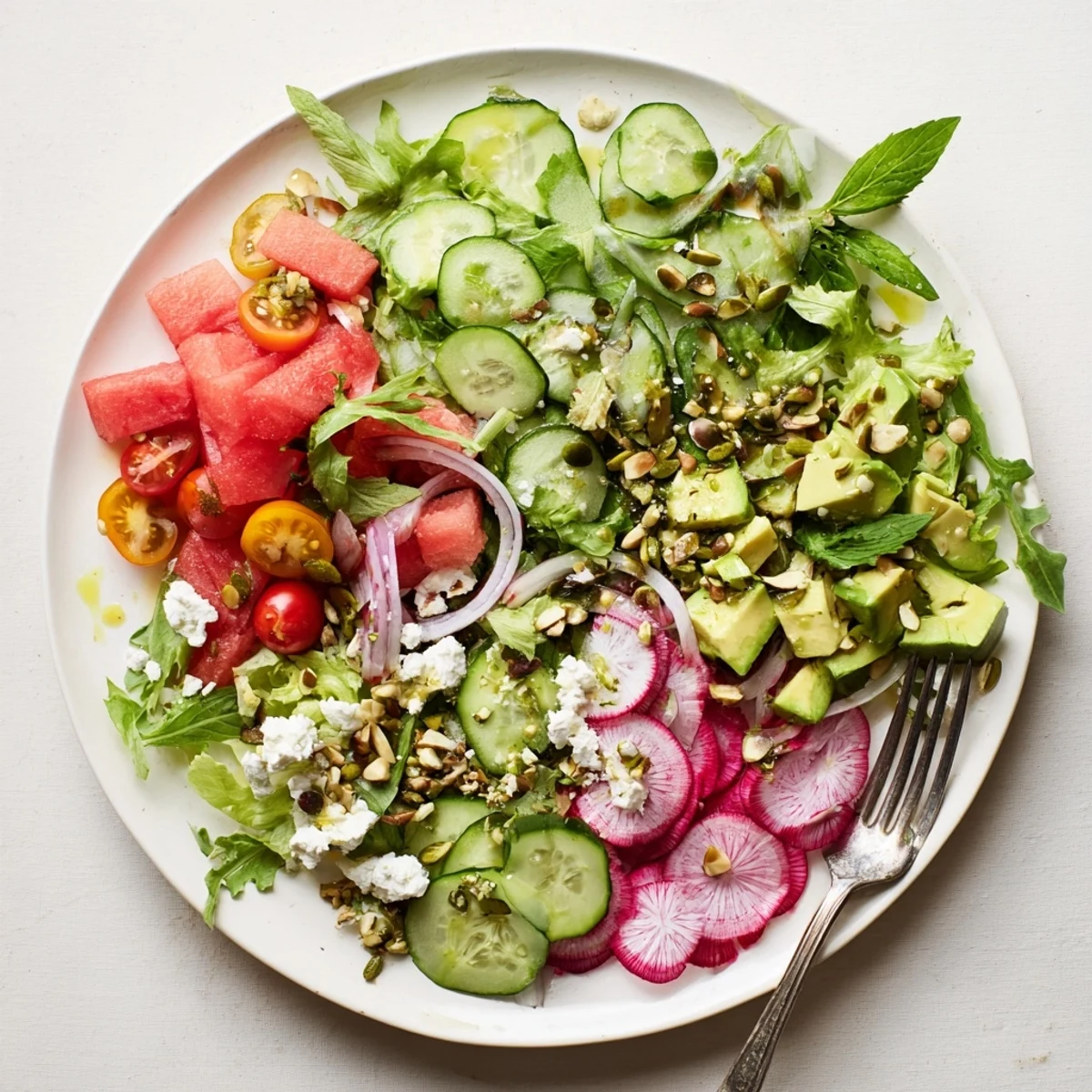 Refreshing ultimate summer salad featuring crisp vegetables, juicy fruit, and crunchy toasted nuts on a white serving platter
