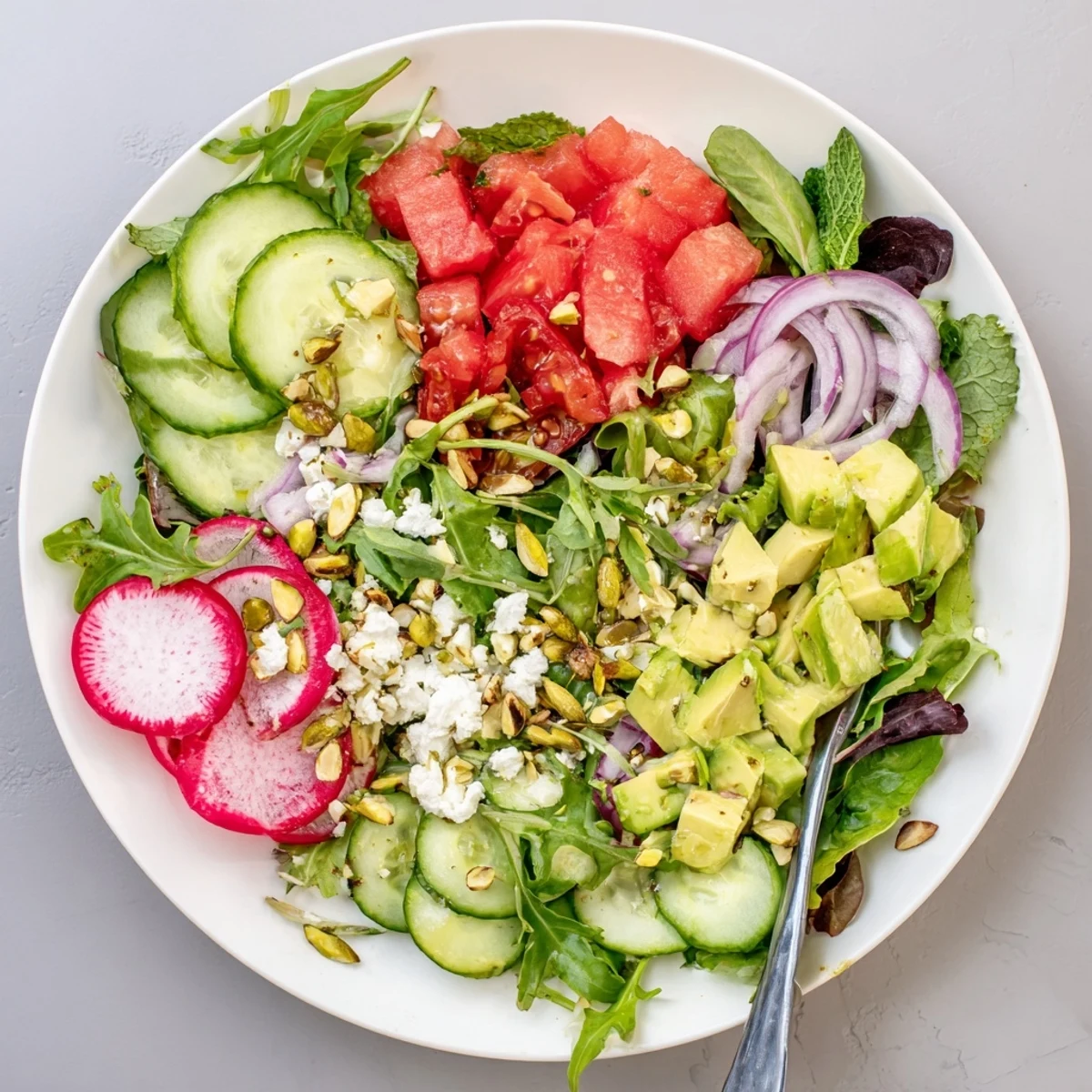 Vibrant ultimate summer salad arranged with mixed greens, cherry tomatoes, cucumber, and creamy avocado topped with crumbled feta cheese