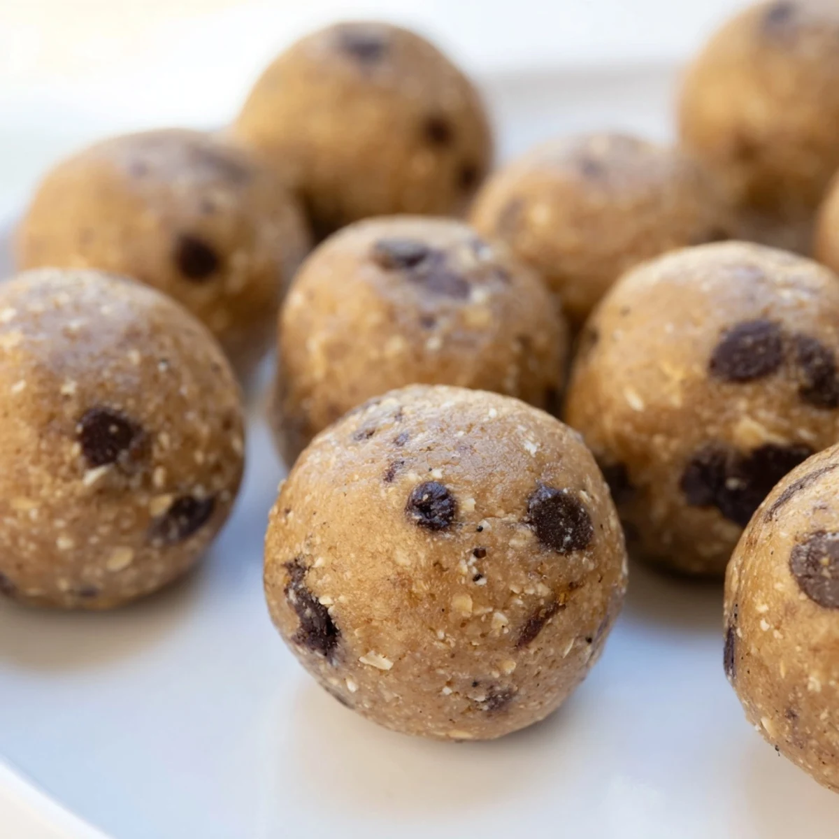 Bite-sized chocolate chip cookie dough protein balls rolled with mini dark chocolate chips on a white plate