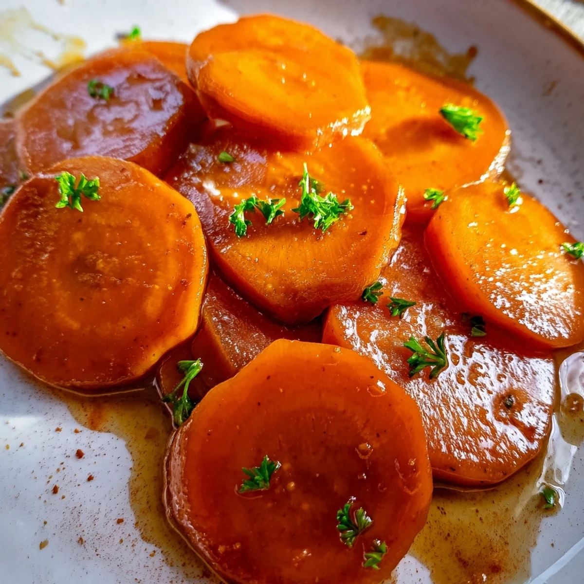 Golden brown sugar glazed carrots glistening with buttery coating on a white serving plate