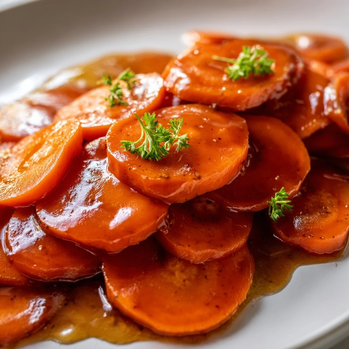 Tender caramelized carrots tossed in sweet brown sugar glaze garnished with fresh green parsley
