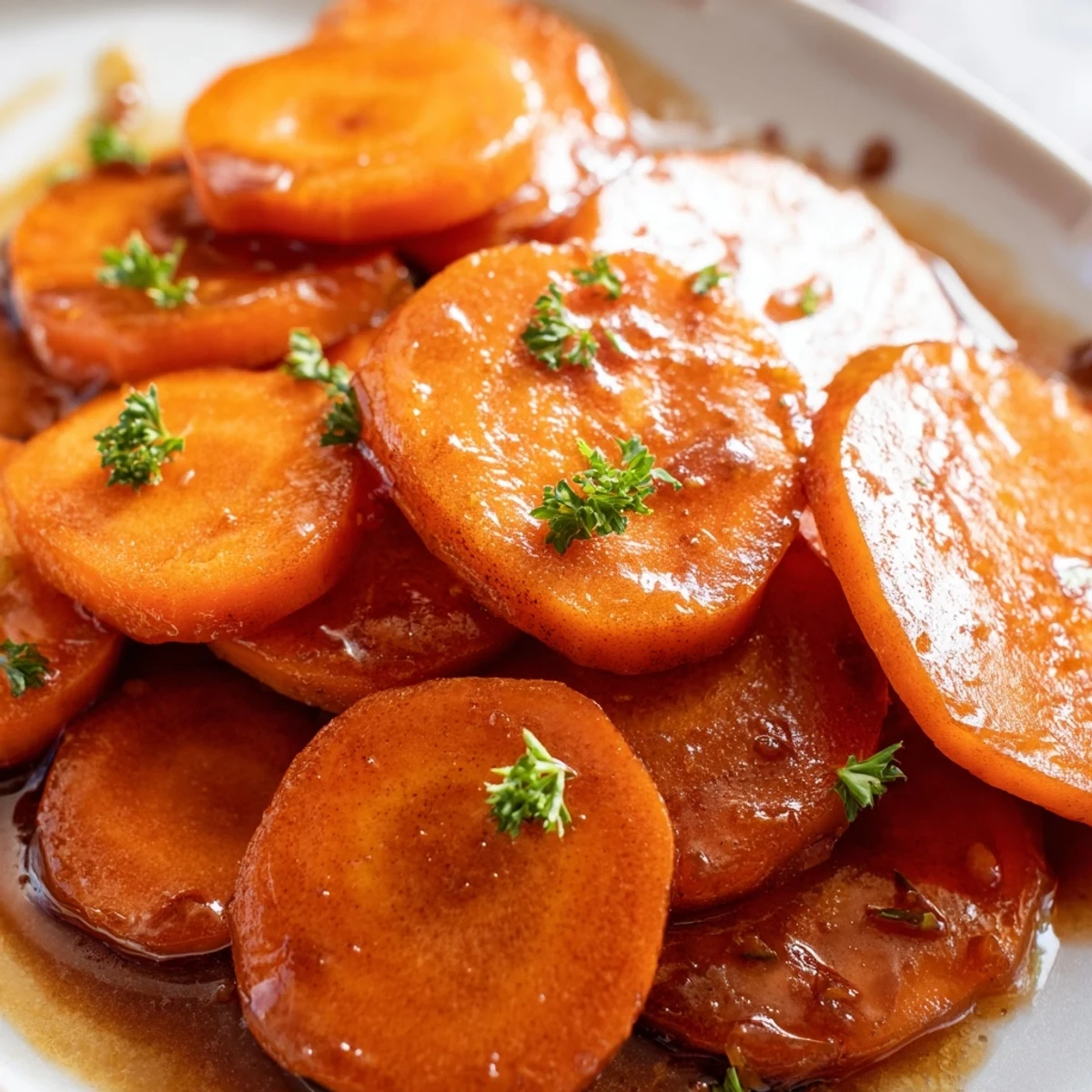 Glossy oven glazed carrot slices swimming in rich amber brown sugar butter sauce for Thanksgiving