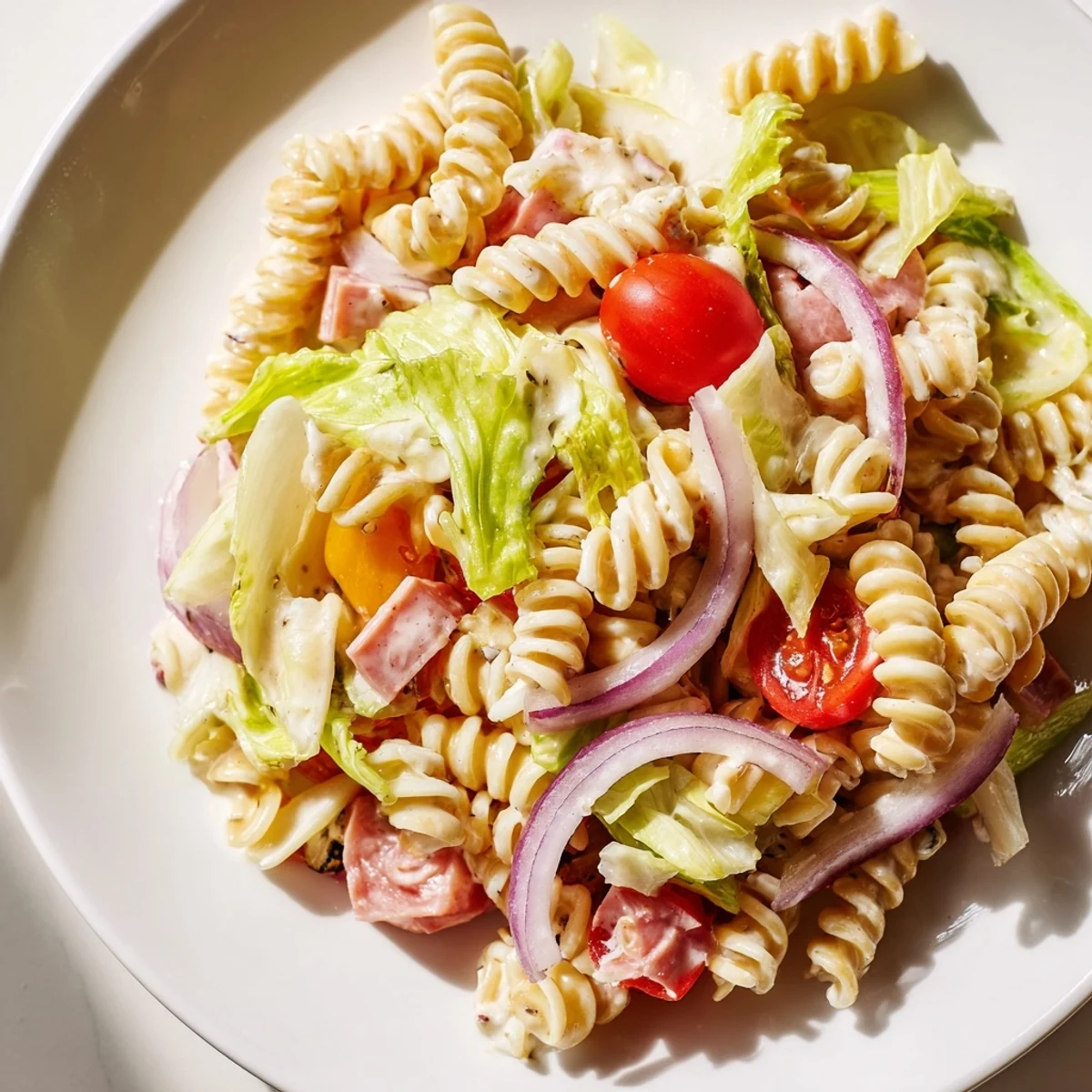 Hearty grinder pasta salad tossed in creamy zesty dressing with ham, roasted peppers, and pepperoncini