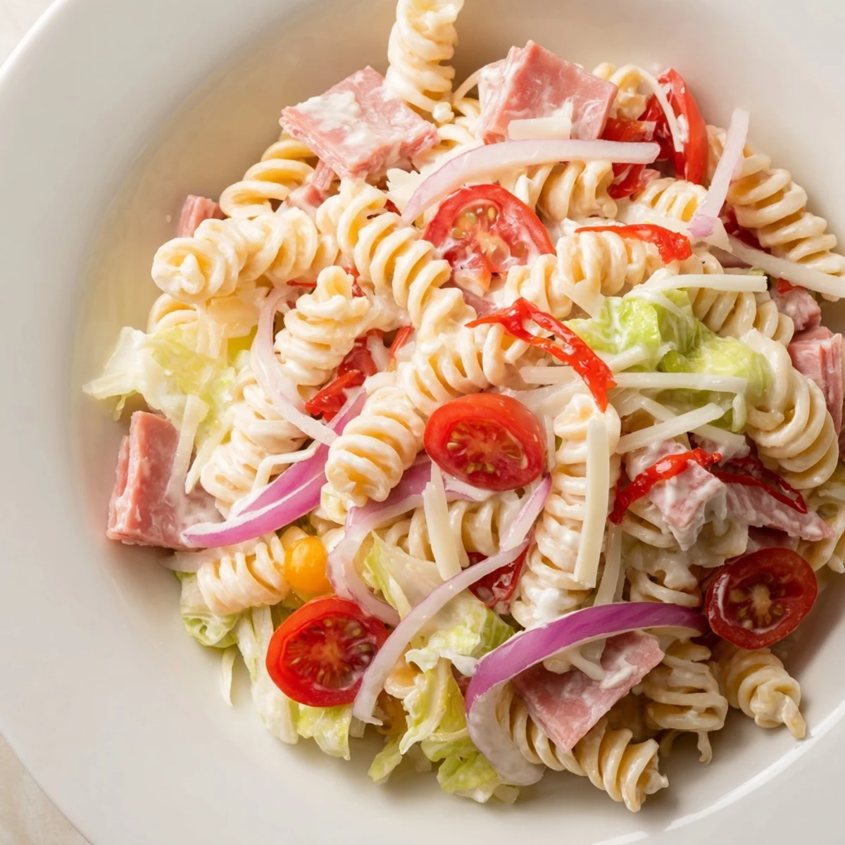 Crowd-pleasing grinder pasta salad displaying layers of cured meats, cheese, and fresh vegetables in white bowl