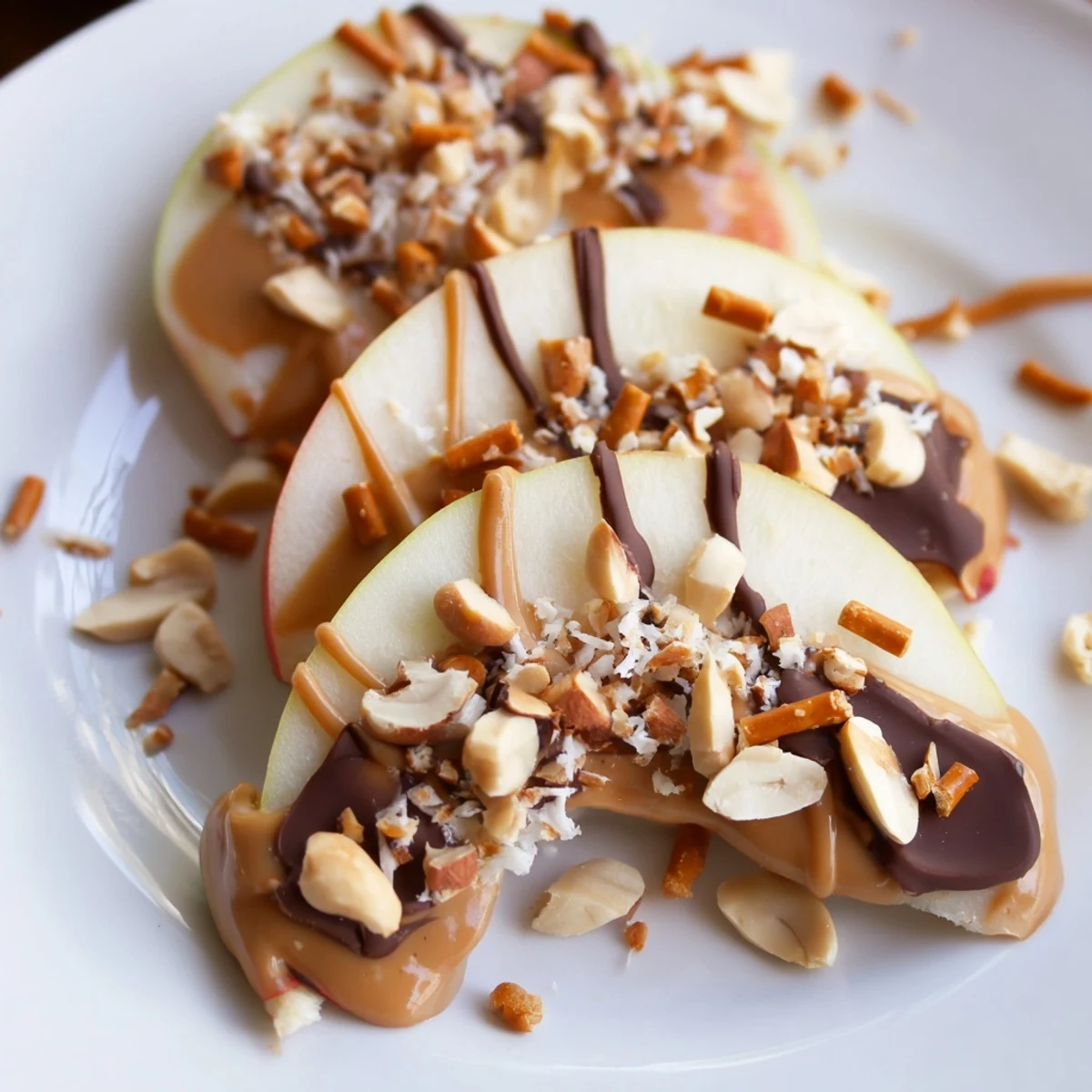 Fresh apple nachos with peanut butter and chocolate drizzle topped with crunchy peanuts and coconut