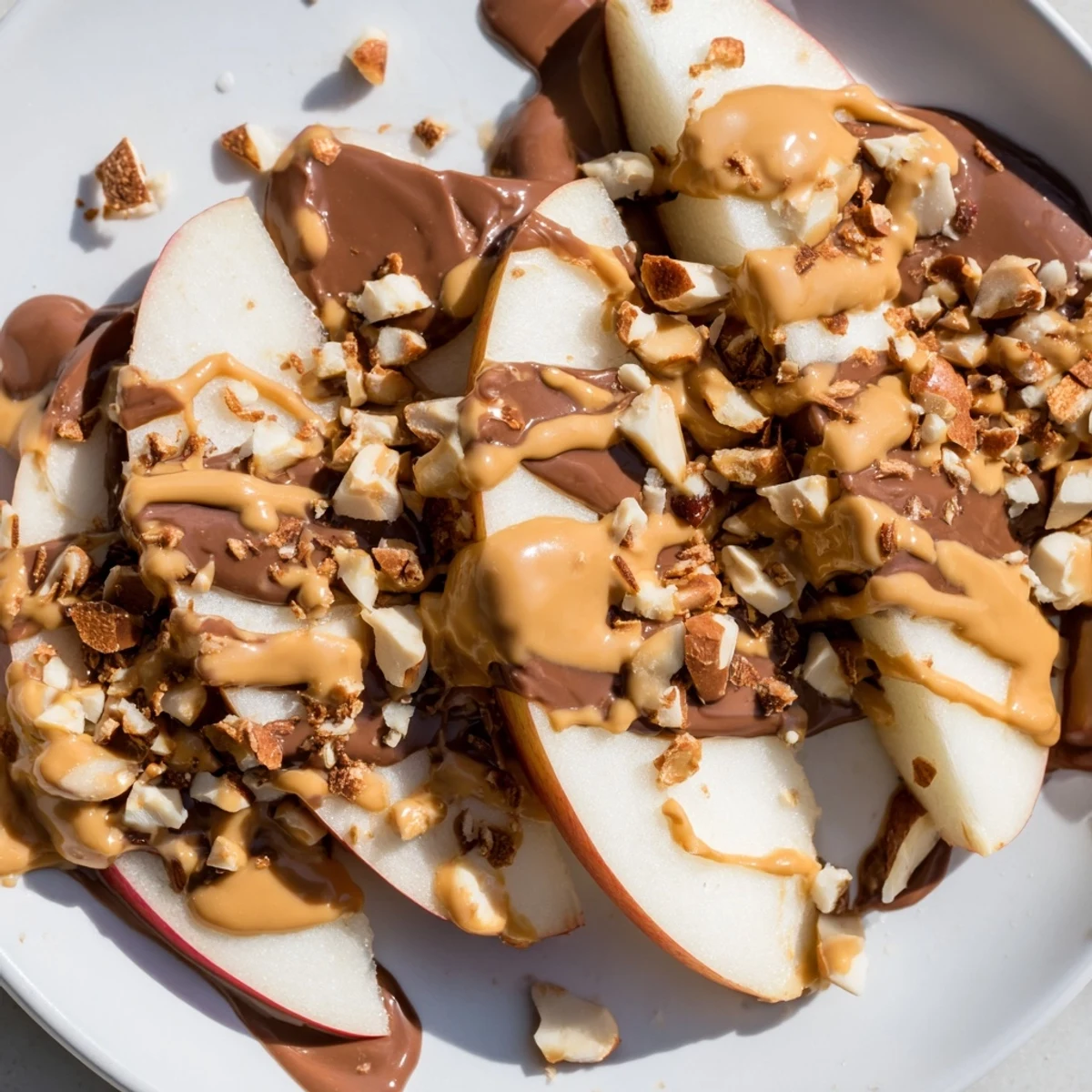 Crisp apple slices layered with warm peanut butter and melted chocolate on a serving platter