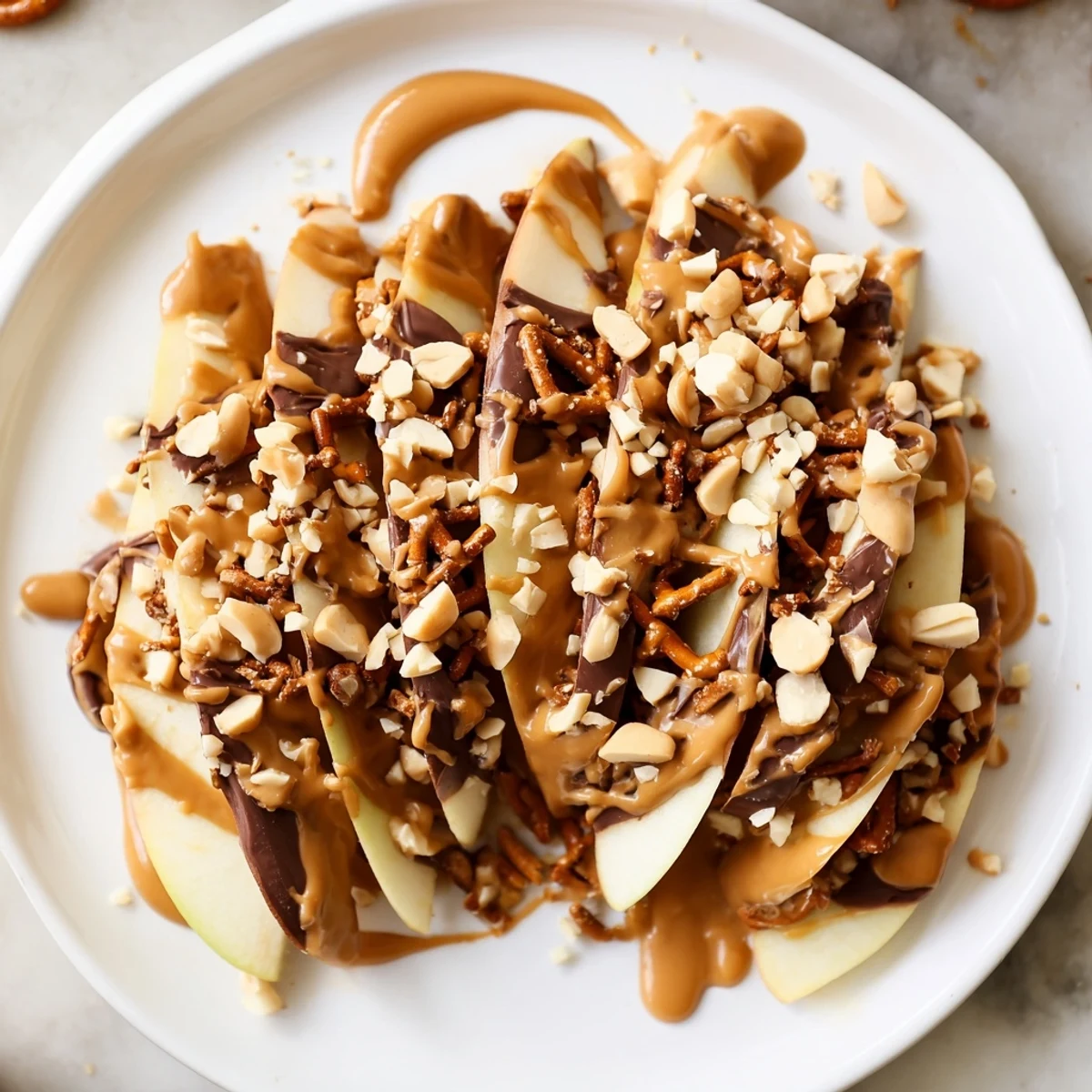 Apple nachos recipe featuring drizzled peanut butter and chocolate chips with pretzel and peanut toppings