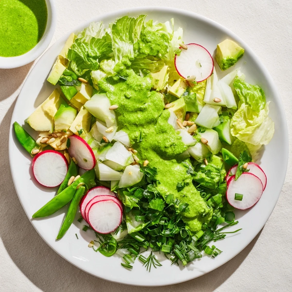 Close up of Fresh Green Goddess Salad showcasing bright mixed lettuce, fresh herbs, avocado chunks, and tangy homemade dressing coating every crisp vegetable