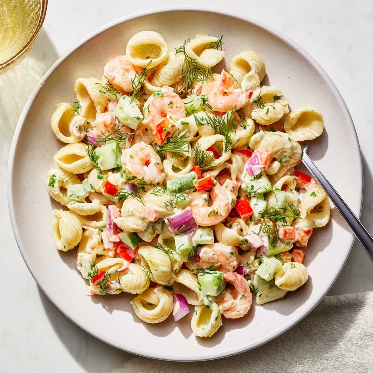 Cold pasta salad bowl loaded with juicy shrimp crunchy bell peppers and creamy white dressing