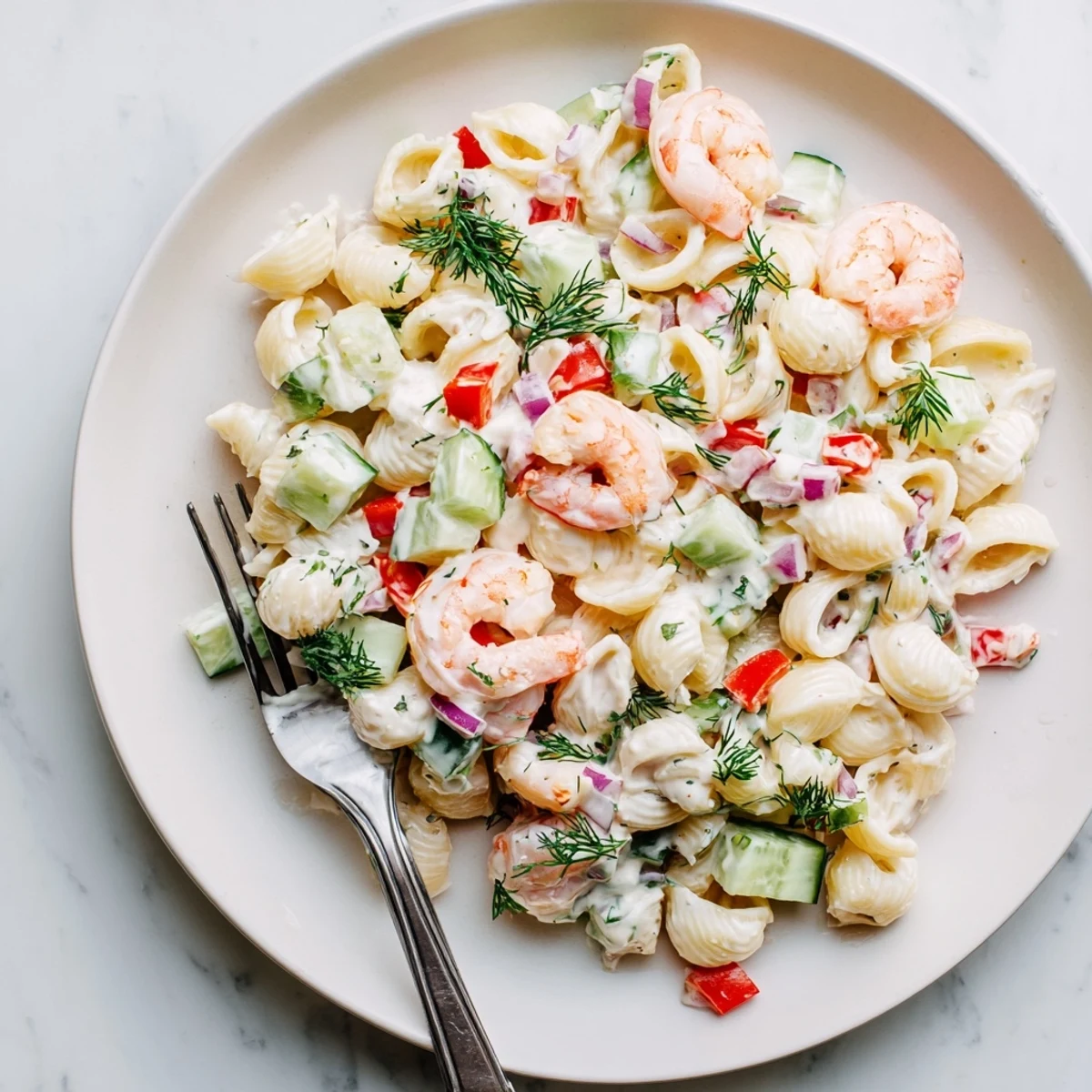 Creamy shrimp pasta salad featuring tender pink shrimp and crisp colorful vegetables tossed in tangy dressing