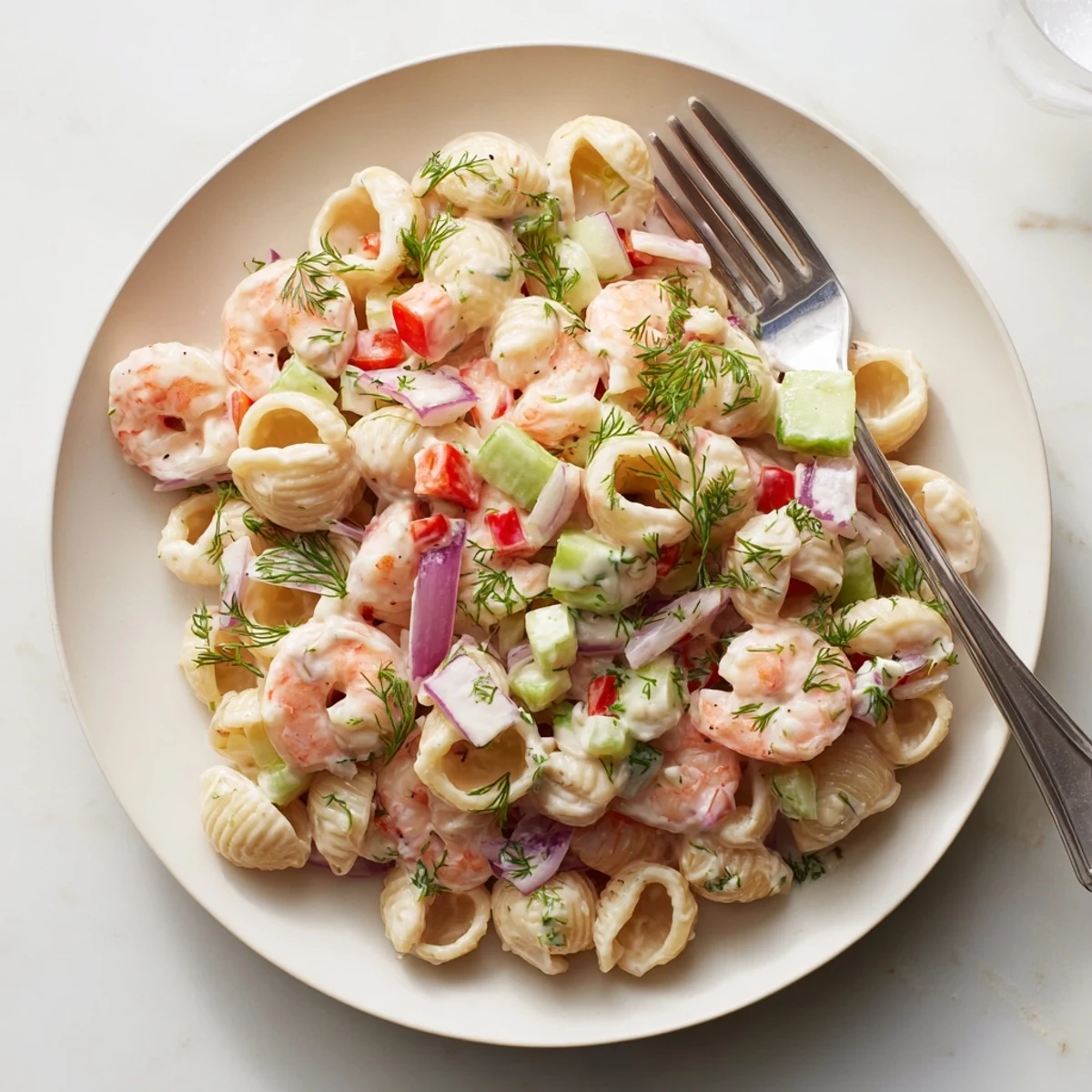 Light summer seafood pasta salad with succulent shrimp fresh veggies and zesty lemon creamy coating
