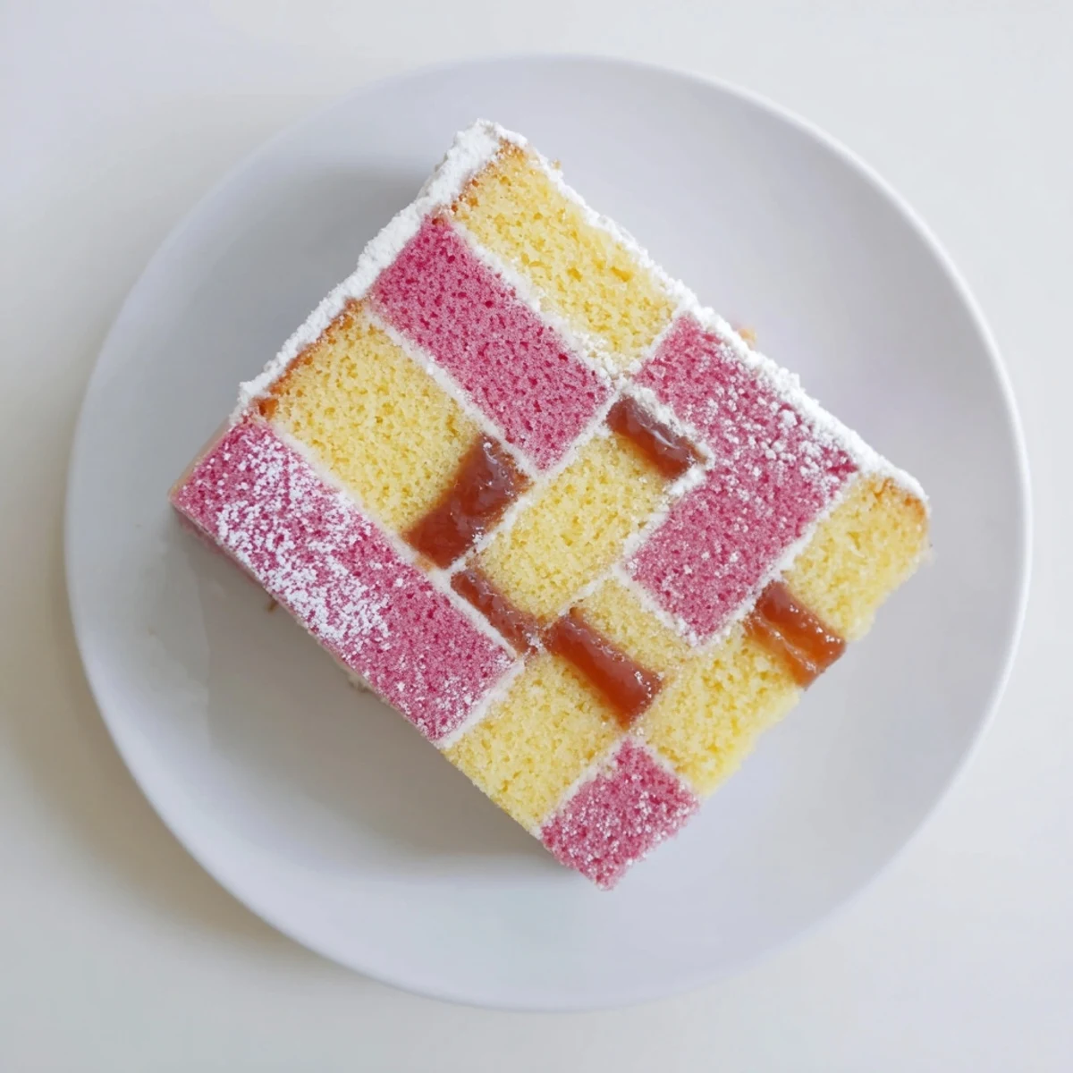 Classic Battenberg Cake displaying pink and yellow checkerboard sponge wrapped in smooth white marzipan