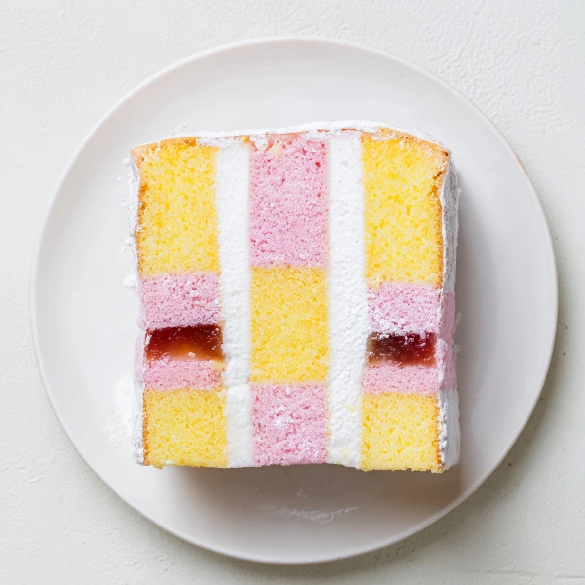 British Battenberg Cake slice revealing signature checkerboard pattern and sweet apricot jam filling
