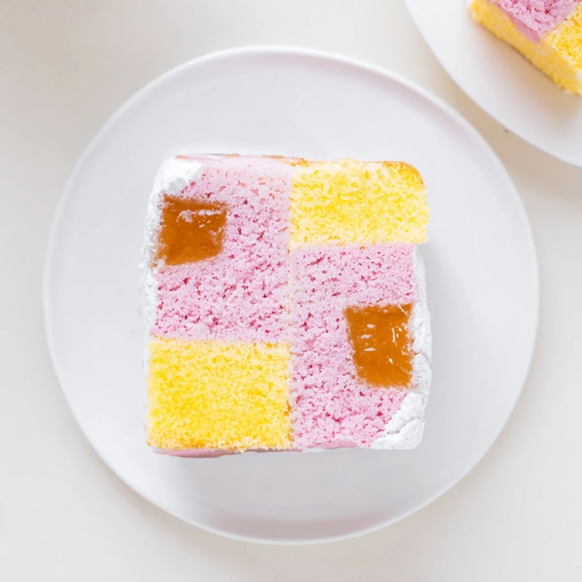 Homemade Battenberg Cake featuring alternating pink and yellow sponge squares beneath marzipan coating