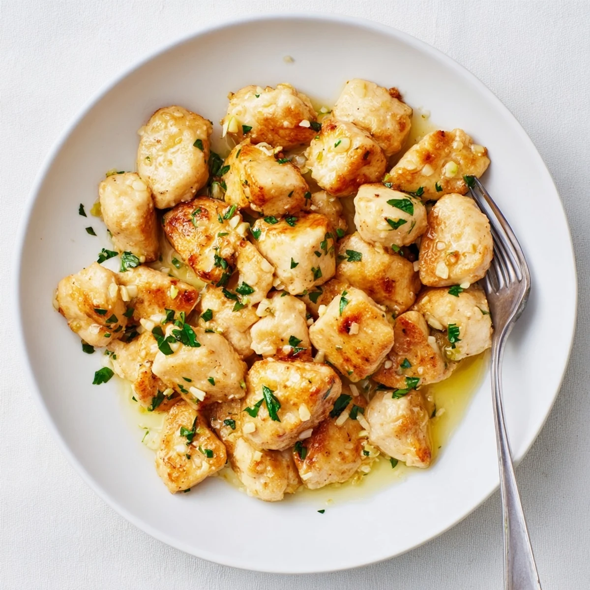 Golden brown garlic butter chicken bites sizzling in a rich buttery sauce with fresh parsley