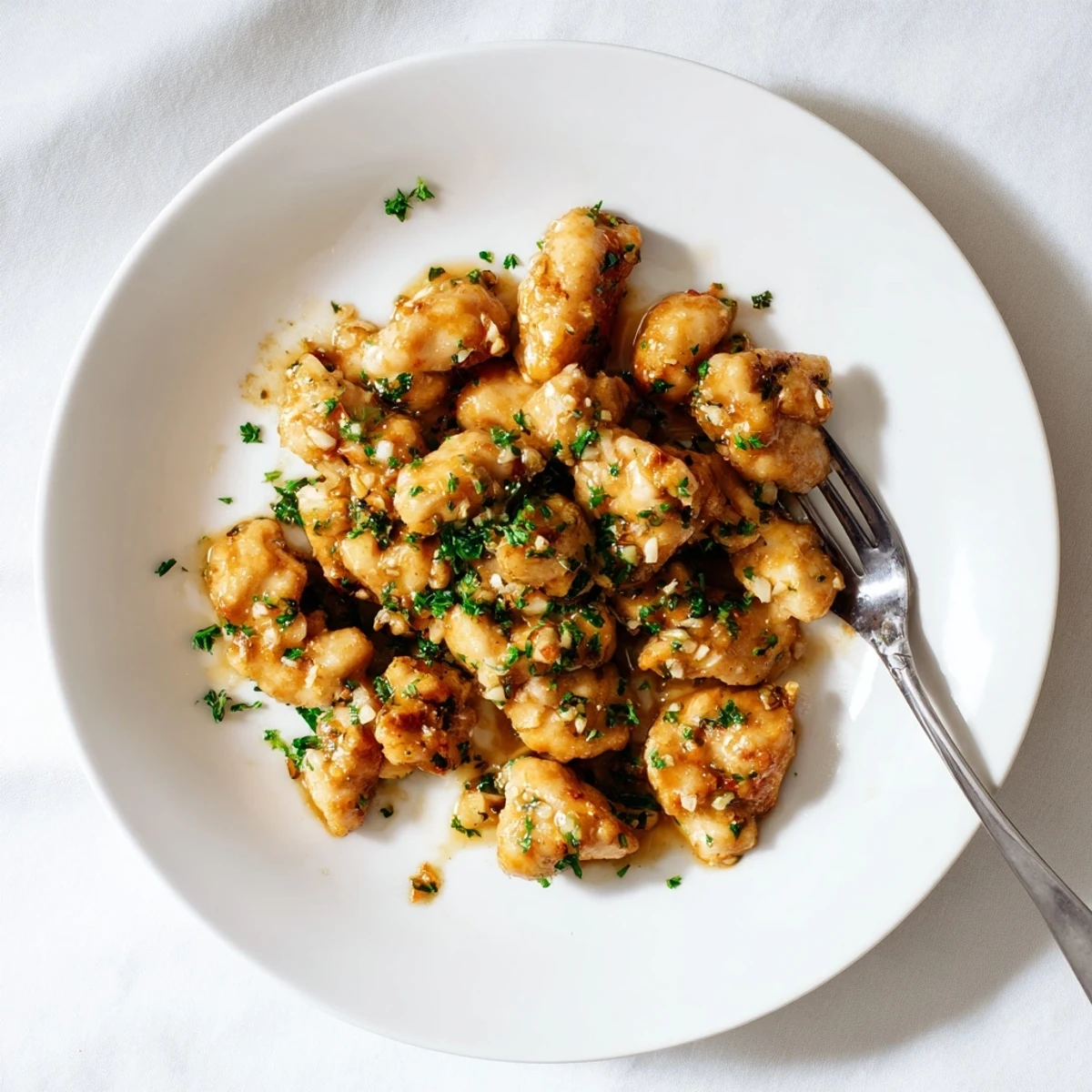 Succulent pan-seared chicken bites tossed with minced garlic butter and garnished with fresh herbs