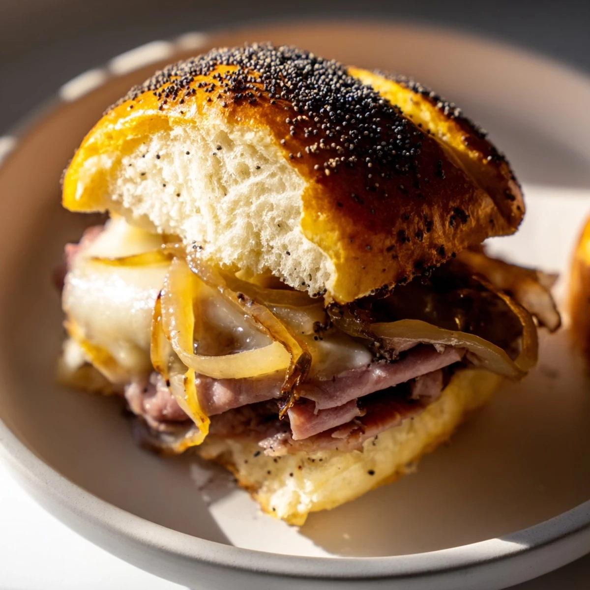 Melty provolone-topped French dip sliders served alongside rich beef au jus for dipping
