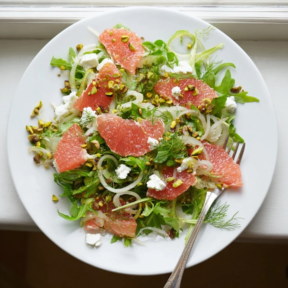 Fresh grapefruit goat cheese fennel salad arranged on white serving platter with pink citrus segments