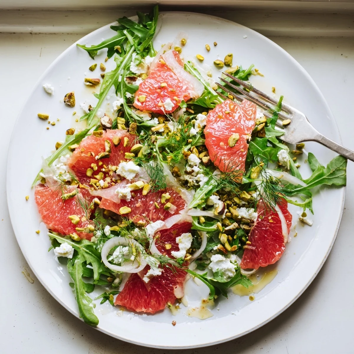 Vibrant salad plate featuring juicy grapefruit slices, creamy crumbled goat cheese, and shaved fennel over greens
