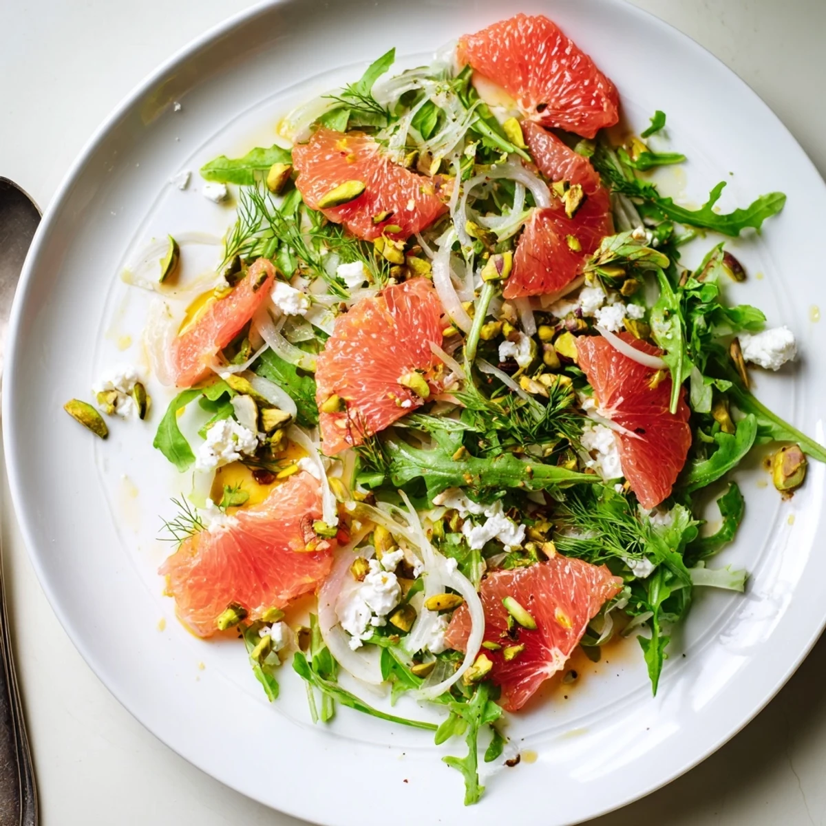 Grapefruit goat cheese and fennel salad garnished with fennel fronds and toasted pistachios on rustic wooden board