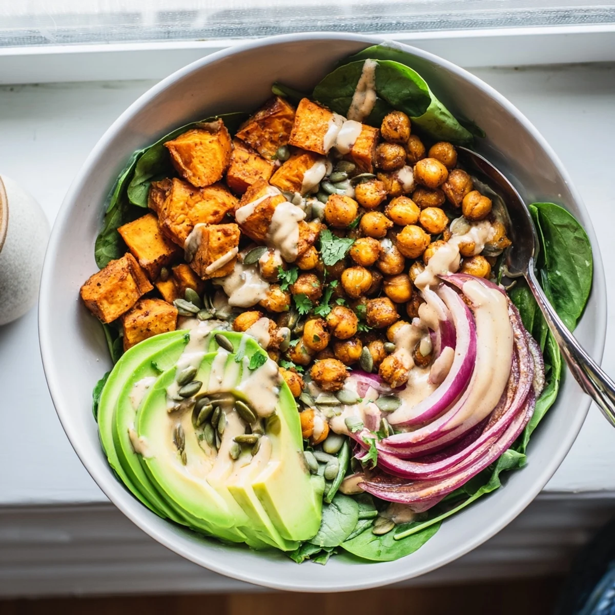 Golden roasted sweet potatoes and crispy chickpeas arranged in a nourishing bowl over fresh baby spinach