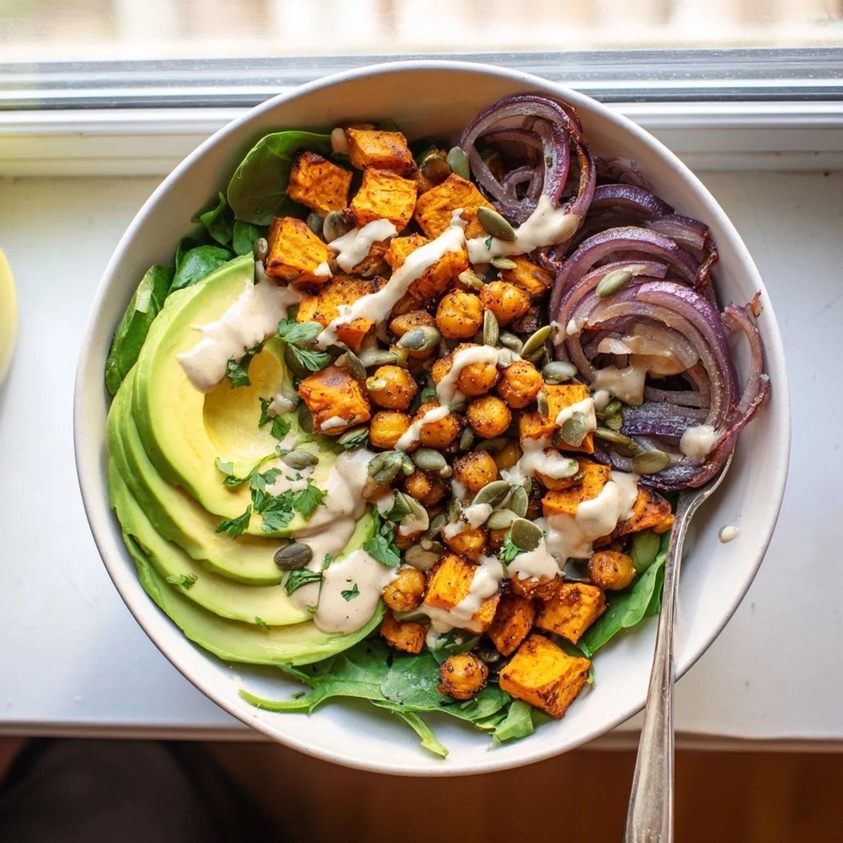 Vibrant roasted sweet potato and chickpea bowl drizzled with creamy tahini dressing and topped with sliced avocado