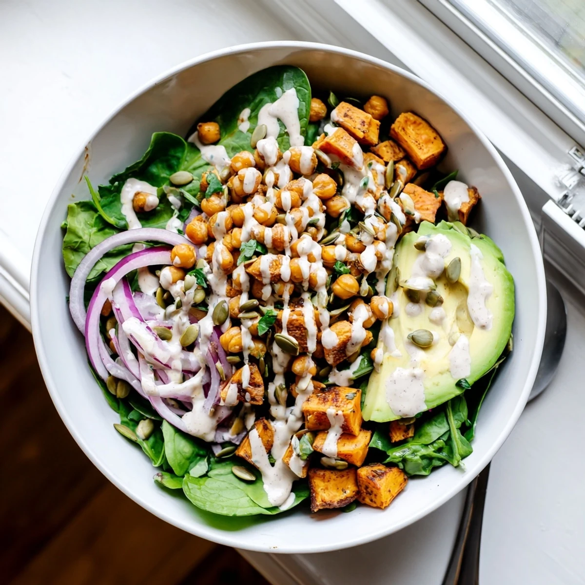 Close up of caramelized sweet potato and chickpea bowl with red onion and zesty tahini sauce