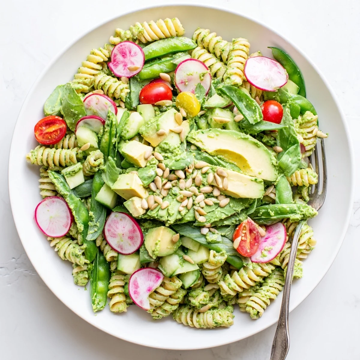 Colorful Green Goddess pasta salad with crisp vegetables and creamy herb dressing in a bowl
