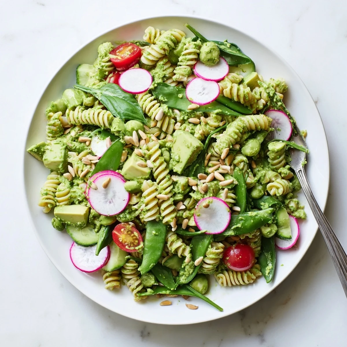 Fresh Green Goddess pasta salad tossed with cherry tomatoes, cucumber, and tangy homemade dressing