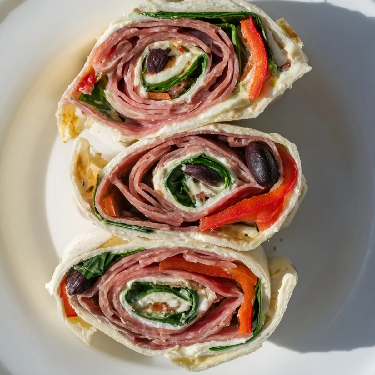 Italian pinwheel sandwiches sliced into colorful spirals revealing layers of salami, pepperoni, provolone cheese, and roasted red peppers