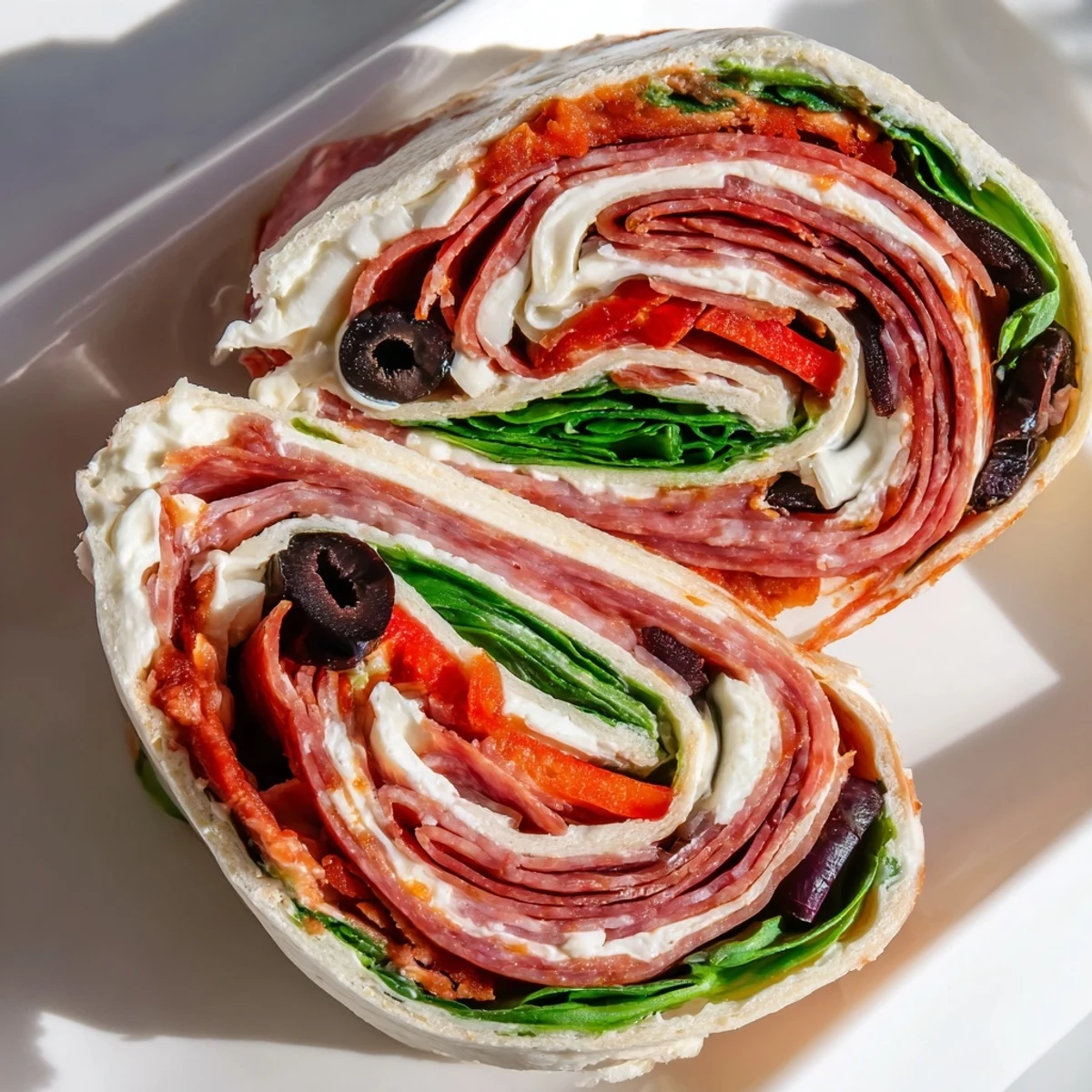 Close-up of Italian pinwheel sandwiches arranged on a serving platter with fresh spinach and black olives visible inside the rolled tortillas