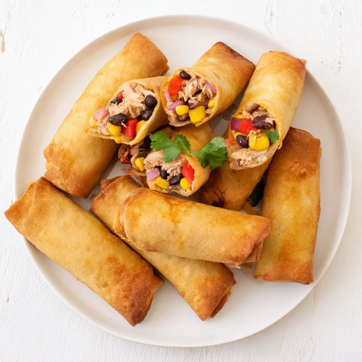 Plate of homemade Southwest egg rolls cut open to reveal colorful filling of peppers cheese and spiced chicken