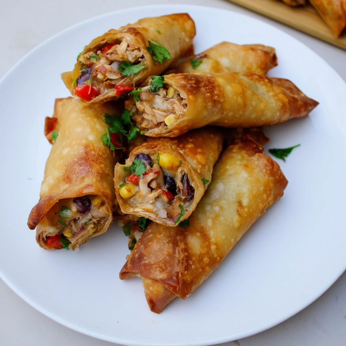 Golden brown Southwest egg rolls featuring a crispy fried exterior stuffed with savory chicken black beans and corn