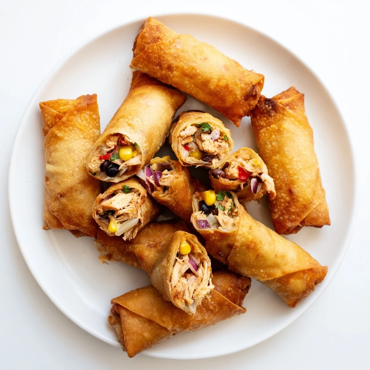 Crispy appetizer Southwest egg rolls arranged on serving platter with cilantro garnish ready for dipping in salsa