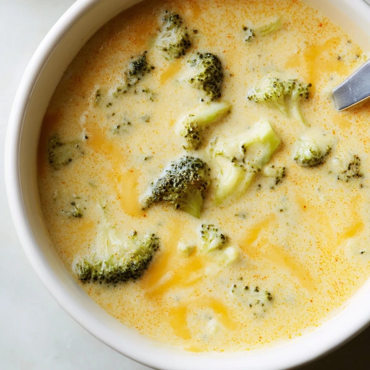 Bowl of velvety creamy broccoli cheddar soup garnished with shredded cheese and black pepper