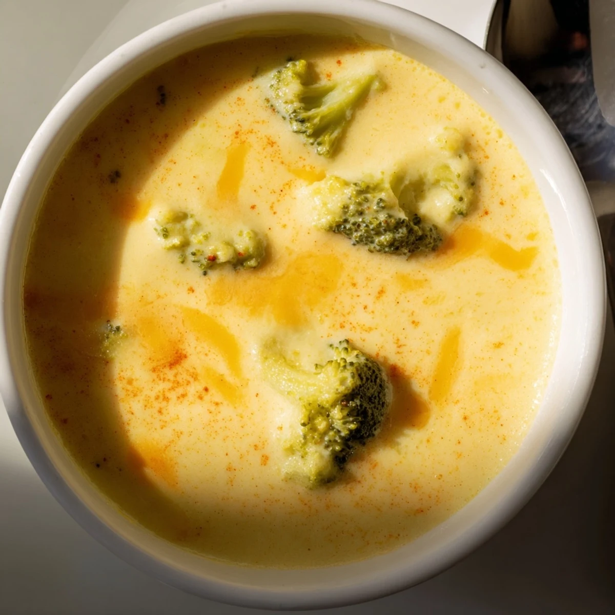Creamy broccoli cheddar soup ladled into white bowl alongside crusty bread for a comforting meal