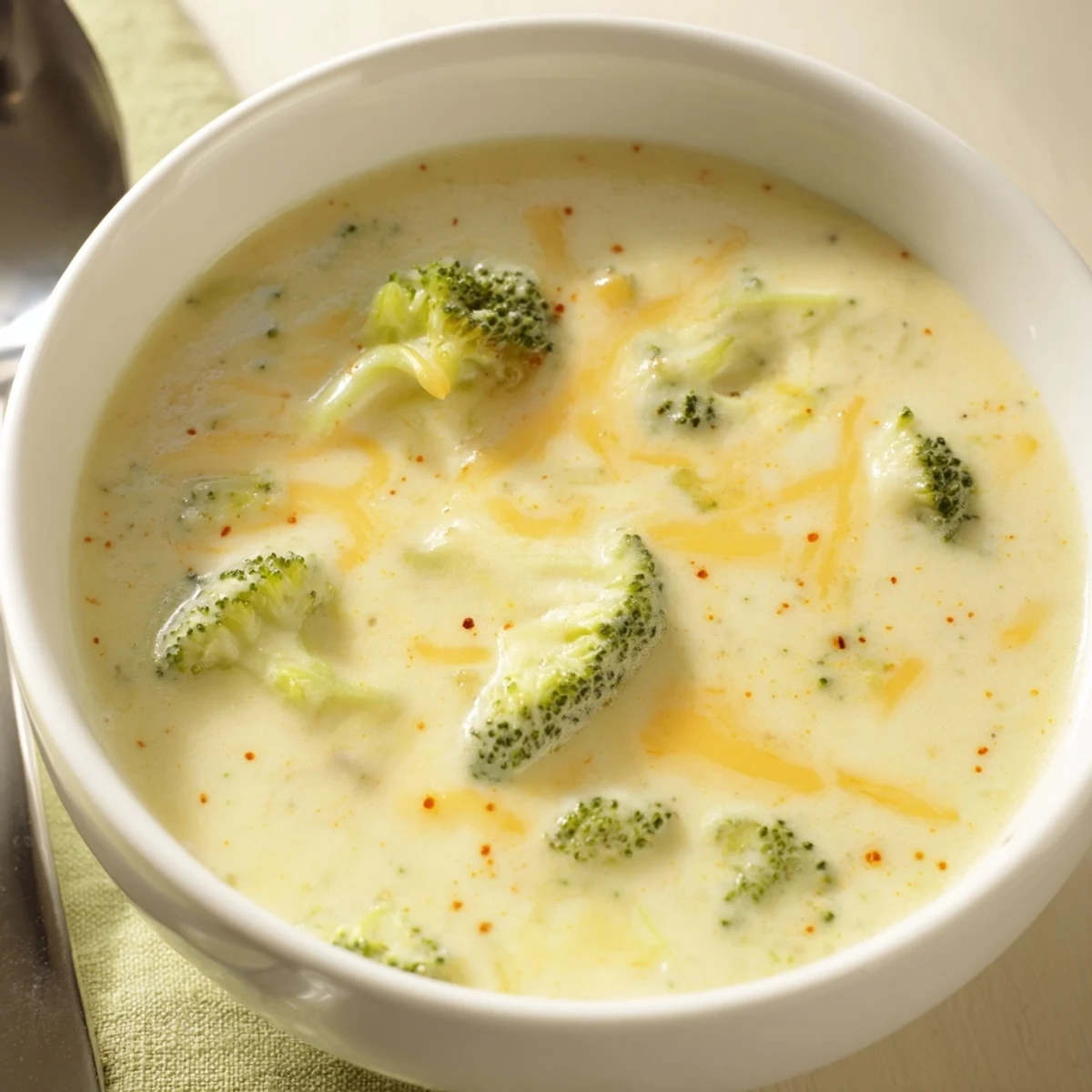 Steam rises from a rich pot of homemade creamy broccoli cheddar soup with fresh broccoli florets